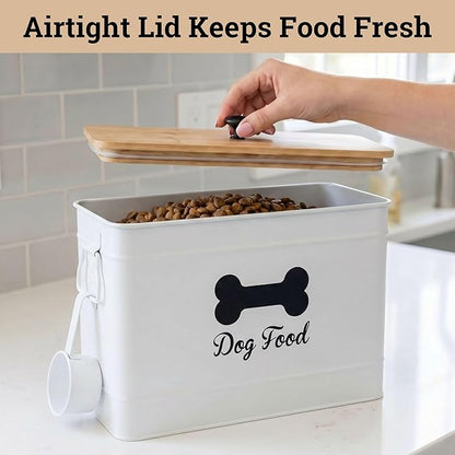 Dog Food Container Airtight 15-20 lb (70 Cup) Capacity with Metal Scoop - Cute Airtight Dog Food Storage Container with Bamboo Lid - White Metal Kibble Storage Bin for Dogs up to 100 lbs - Big Pet Jar