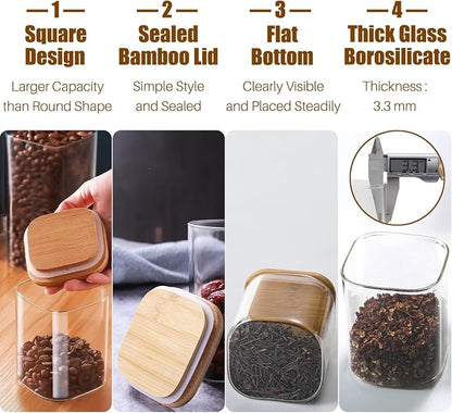 Glass Food Storage Jars with Airtight Lids, Clear Glass Jar with Bamboo Lid, Airtight Food Canister for Tea, Candy, Coffee, Sugar, Cookie, Snack. (Square | 5+6 Inch | 38+20 oz)