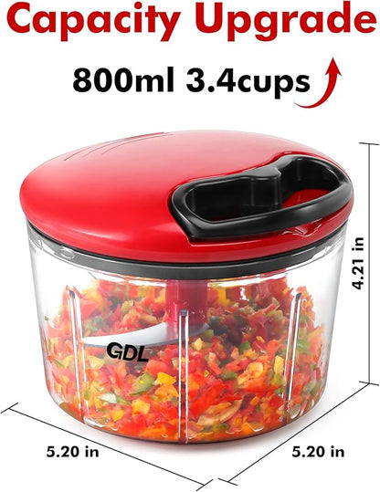 GDL Food Chopper, Pull Onion Chopper Dicer, Hand Powered Food Mincer, Fast Cutting Hand Chopper for Oinon, Garlic, Nut, 3.4 Cups 0.8L, Red