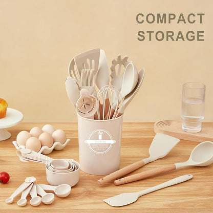 Kitchen Utensils Set - 34 PCS Non-Stick Silicone Cooking Utensils Set Spatula Set with Holder, Wooden Handle Spoon,Brush,Whisk Kitchen Gadgets Tools Set for Nonstick Cookware (Cream White-34P)