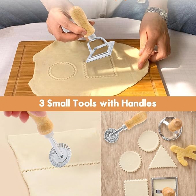 Ravioli Cutter Mold Pasta Dumpling Gnocchi Press Maker Handmade 5 PCS Ravioli Making Tool Kit Pasta Attachment Cutter Wheel Ravioli Stamp w/Wood Rolling Pin