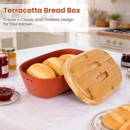 Terracotta Bread Saver Box with Gift Box, Internal 9.8"x5.1"x3.9" Small Bread Bin with Natural Bamboo Lid,Food-Safe Glazed Interior, for Small Artisan Sourdough, Housewarming & Wedding Gift