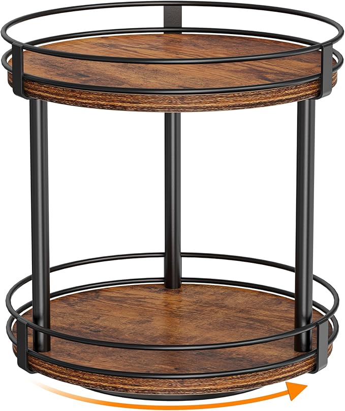 Snughome Rotating Spice Rack, 2 Tier Lazy Susan Organizer, Wood Kitchen Countertop Organizer, Brown Lazy Susan Turntable for Cabinet, 10.2" x 10.2" x 10.4"