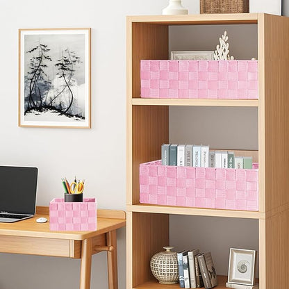 Drawer Organizer, Cube Baskets for Storage Shelves, Handmade Small Woven Basket, Shallow Storage Bins for Organizing Desk, Dresser, Kitchen, Pantry, Nested 7 Pack, Pink