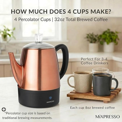 Mixpresso 4 Cup Percolator Coffee Pot Electric, Copper Stainless Steel Coffee Percolator Electric With Keep Warm Function, Classic Perculator Pot With Removable Basket for Home or Office