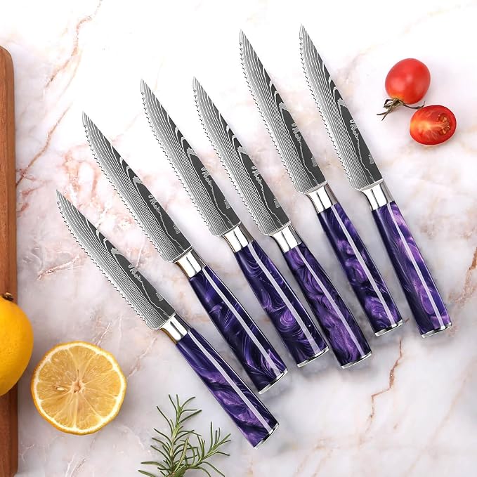 SENKEN 16-Piece Knife Block Set - Japanese High Carbon Stainless Steel with Damascus Pattern, Purple Resin Handles, 6 Steak Knives & Acacia Hardwood Block (Purple)