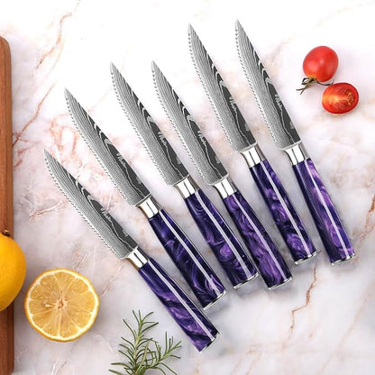 SENKEN 16-Piece Knife Block Set - Japanese High Carbon Stainless Steel with Damascus Pattern, Purple Resin Handles, 6 Steak Knives & Acacia Hardwood Block (Purple)