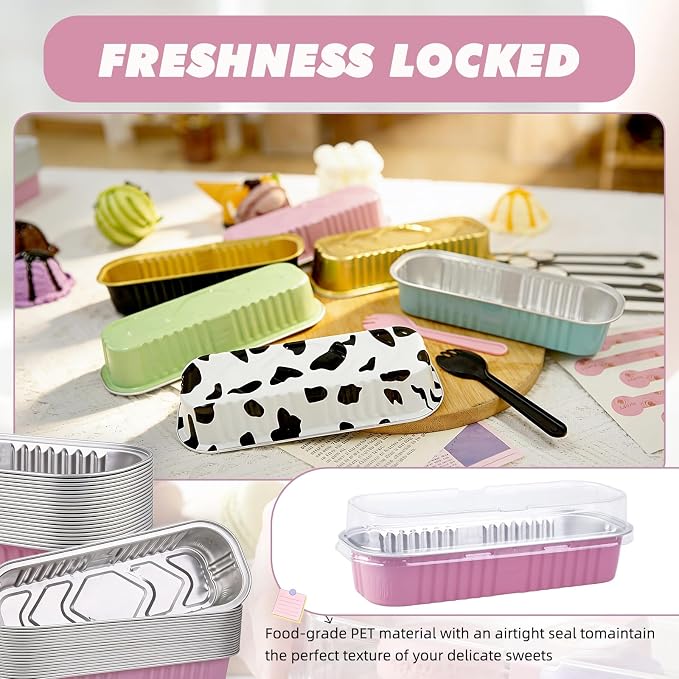 24 Pack Mini Loaf Pans, 7.5oz Mini Cake Pan & Mini Cupcake Pan Set – Disposable Aluminum Baking Pans with Lids, Spoons & Stickers, Premium Sturdy Gift Set for Cakes, Cupcakes, Desserts & Party Treats