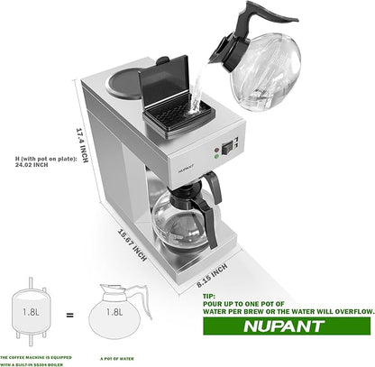 NUPANT 12-Cup Coffee Maker 1.8L Commercial Drip Coffee Maker Pour Over Coffee Machines with 2 Glass Carafes and 2 Warmers Plate Stainless Steel Coffee Brewer for Cofe Bar and Restaurant