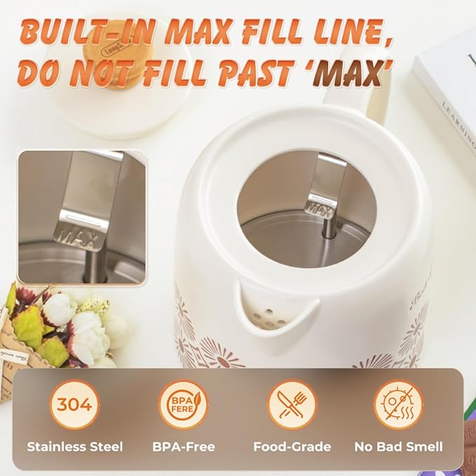 Ceramic Electric Kettle 1 Quarts, Automatic Shut Off, Porcelain Teapot, Hot Water Electric Boiler with LED Light, Boil Dry Protection, Short Spout 1000W Rapid Boiling Water for Tea Coffee