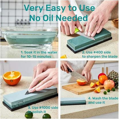 HiramWare Knife Sharpening Stone with Non-slip Rubber Base, 400/1000 Grit Premium Whetstone, Double-Sided Knife Sharpener for Kitchen, Waterstone for Honing Blades Manually