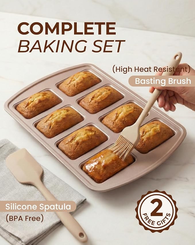 CARTMAN 2-Pack 8-Cavity Mini Loaf Pans Set with Spatula & Brush – 15.5” x 10” Nonstick Carbon Steel Small Bread Pan for Banana Bread, Meatloaf & Keto Snacks Champagne Gold