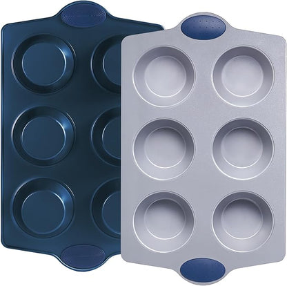 BRONYPRO 2-Pack 6-Cup Non Toxic Nonstick Ceramic Jumbo Muffin Pan & Cupcake Tin, PFOA & PFOA Free, Rust-Resistant Aluminized Steel, Oven Safe, Blue