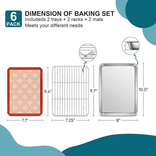 TeamFar Toaster Oven Tray, 10.5inch Stainless Steel Baking Sheet Pans Cookie Sheets for Baking with Cooling Rack & Silicone Baking Mat, 2 Pans + 2 Racks + 2 Silicone Mats, Non Toxic, Easy Clean