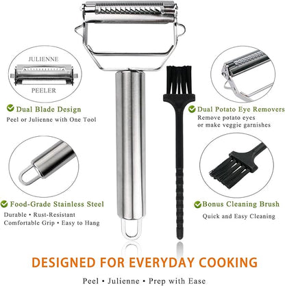 Sunkuka Potato Apple Vegetable Peeler Julienne Peeler for Kitchen - 3 in 1 Y Peeler for Fruit Veggie Carrot Cucumber Zucchini, Sharp Stainless Steel Peeler with Cleaning Brush