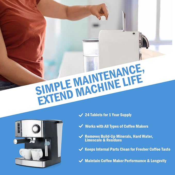 24-Pack Coffee Machine Cleaner Descaler Tablets, Descaling & Deep Cleaning Tabs for Coffee Pot & Coffe Machine, Effective Limescale Remover for Home, Office Use