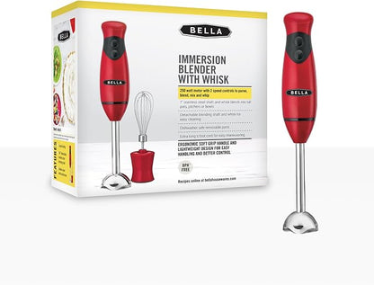 BELLA 2-Speed Hand Immersion Blender with Whisk Attachment, 250 Watt, Red, Immersion Blender with Dishwasher Safe Whisk & Blending Attachments for Food Prep (14460)