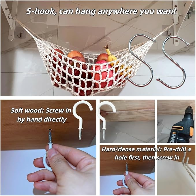 2-Pack Hanging Fruit Hammock with Hooks - Macrame Under Cabinet Veggie Banana Basket, Hand-Woven Boho Fruit Holder, Save Counter Space for Kitchen Home RV Boat (Ivory)