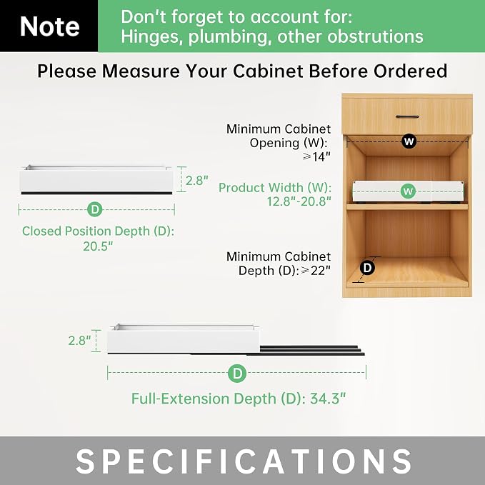 Pull out Cabinet Organizer, 2 pack, 20.5" Deep Heavy Slide out Drawers, Upgrade Three triple-slide Rail Systems, Expandable 12.8"-20.8" Roll out Shelf Storage for Kitchen Base Cabinet Organization