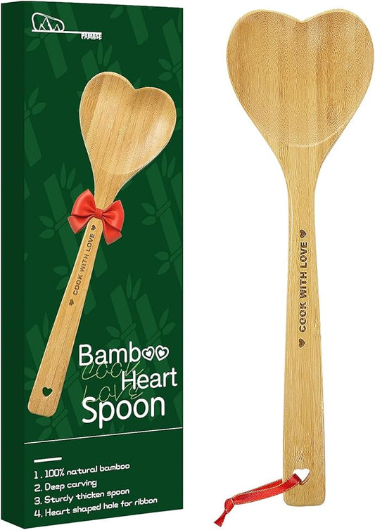 Bamboo Heart Shaped Spoon for Cooking - Wooden Cook with Love Spoon Kitchen Utensils, Mother's Day Gifts for Grandma Mom Couple Wife Hostesses House Warming
