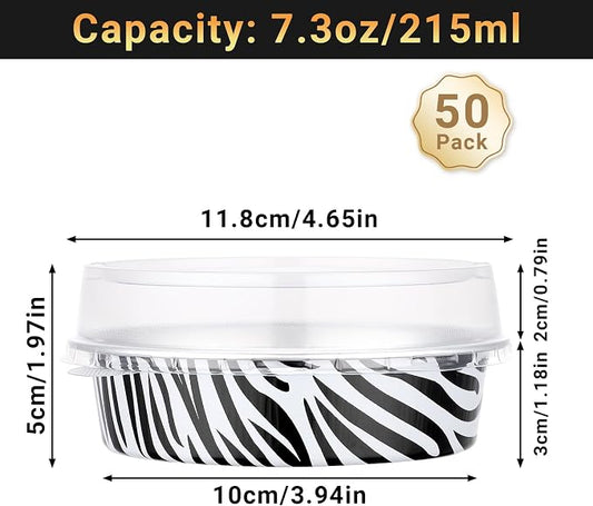 Beasea Mini Tart Pans with Lids 50 Pack, 4" 7.3oz Disposable Aluminum Foil Baking Tins Cups Round Pie Container for Individual Cupcake Dessert Muffin Cheesecake Quiche - Zebra Stripes