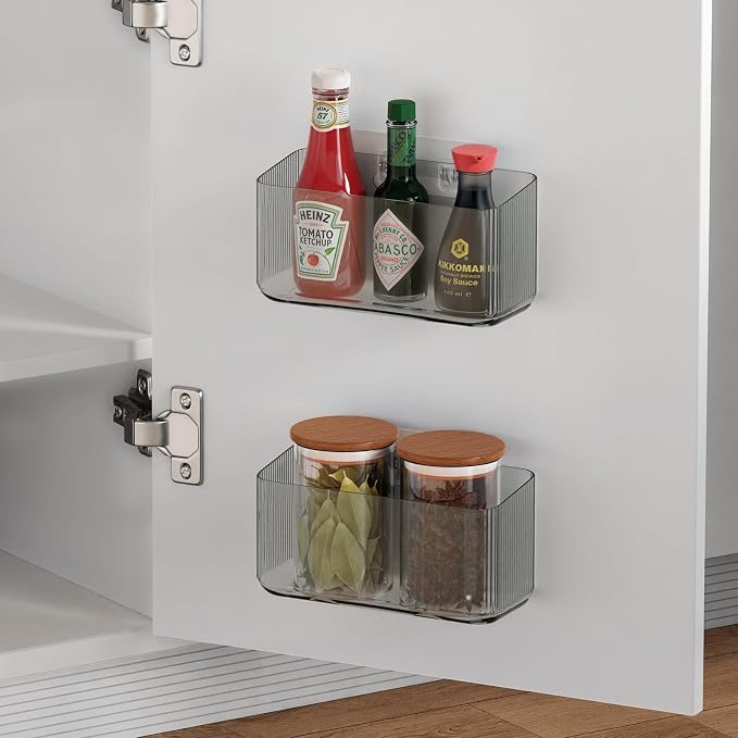 Cruet stands, 2 Pack Cabinet Door Organizers Plastic Wrap Holders for Kitchen Organizers, No drilling Wall Door Mount Kitchen Wrap Rack for Foil Wrap, Cling Wrap, and Food Bags, Clear Grey