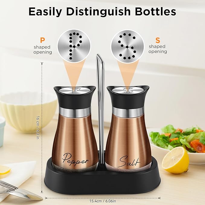 Salt and Pepper Shakers Set, 4 oz Stainless Steel Salt Shaker, Farmhouse Salt Pepper Shaker Containers with Glass Bottom for Kitchen Gadgets Cooking Table, BBQ, Bar, RV, Camp (Brown)