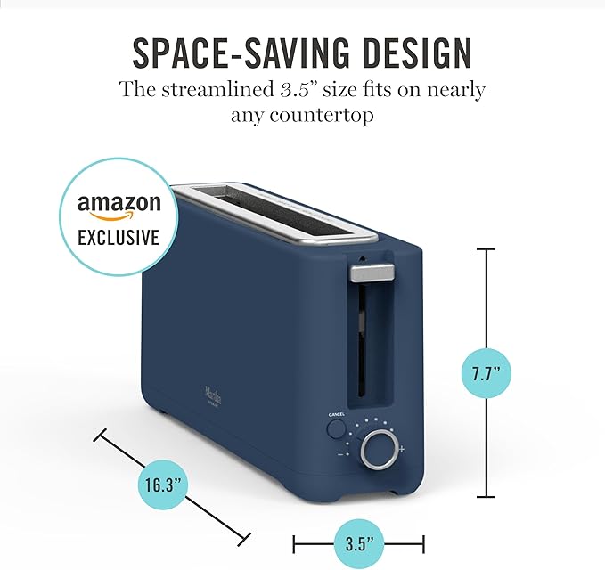 Martha Stewart 2 Slice Long Slot Toaster, Extra Wide for Sourdough & Bagels, 10 Setting Shade Control, Removable Crumb Tray, Self-Centering Design, Defrost/Reheat, Cancel, Slim Space-Saving, Indigo
