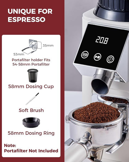 Tuni G1 Conical Burr Coffee Grinder, 48 Grind Settings Anti-static Burr Mill, Precision Electronic Timer and LED Touchscreen for Espresso/Drip/Cold Brew/French Press, Stainless Steel, Ivory