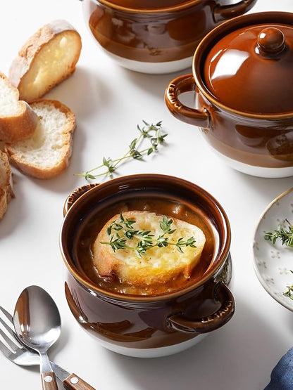 LE TAUCI French Onion Soup Bowls with Lids, 16 oz Ceramic Soup Crocks with Handles, Oven/Microwave/Dishwasher Safe, Set of 4 – From Oven to Table for French Onion, Chili, Pot Pies