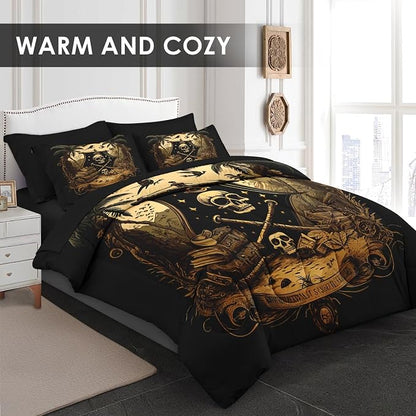 Pamnest Comforter Set Queen Size, Pirate Skeleton 7 Pcs Bedding for Kids and Adults, Halloween Vintage Gothic Bed Sheet Sets with Fitted Sheet 2 Pillowcase & 2 Sham for Bedroom Bed Decor