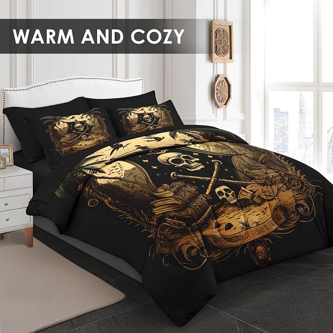 Pamnest Comforter Set Full Size, Pirate Skeleton 7 Pcs Bedding for Kids and Adults, Halloween Vintage Gothic Bed Sheet Sets with Fitted Sheet 2 Pillowcase & 2 Sham for Bedroom Bed Decor