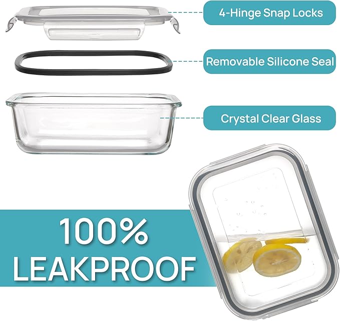 Vtopmart 5Pack 22oz Glass Storage Containers with Lids, Glass Meal Prep Food Container Sets with Snap Airtight Lid for Microwave, Oven, Freezer and Dishwasher, Grey