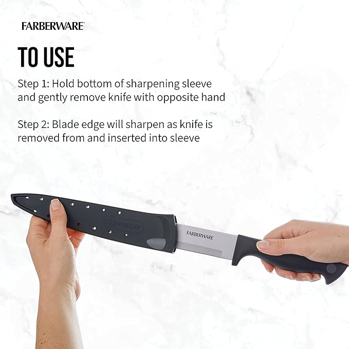 Farberware Edgekeeper 8-Inch Slicing Knife with Self-Sharpening Blade Cover, High Carbon-Stainless Steel Kitchen Knife with Ergonomic Handle, Razor-Sharp Knife, Black