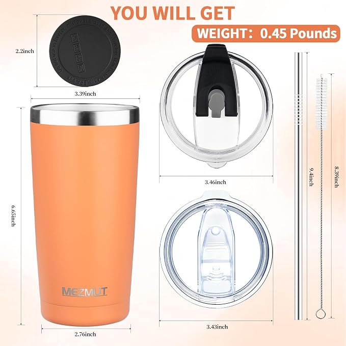 MEZMUT 20oz Tumbler Coffee Travel Mug with Daul Lid and Straw, Stainless Steel Double Wall Vacuum Spill Proof Insulated Tumbler, Hot or Iced Coffee Cups for Drinks (1Pack, Orange)