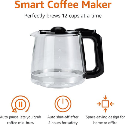 Amazon Basics 12 Cup Drip Coffee Maker with Glass Carafe (1.9 Qt), Auto Shut-off, Auto Pause, Removable Filter Basket, Black & Silver