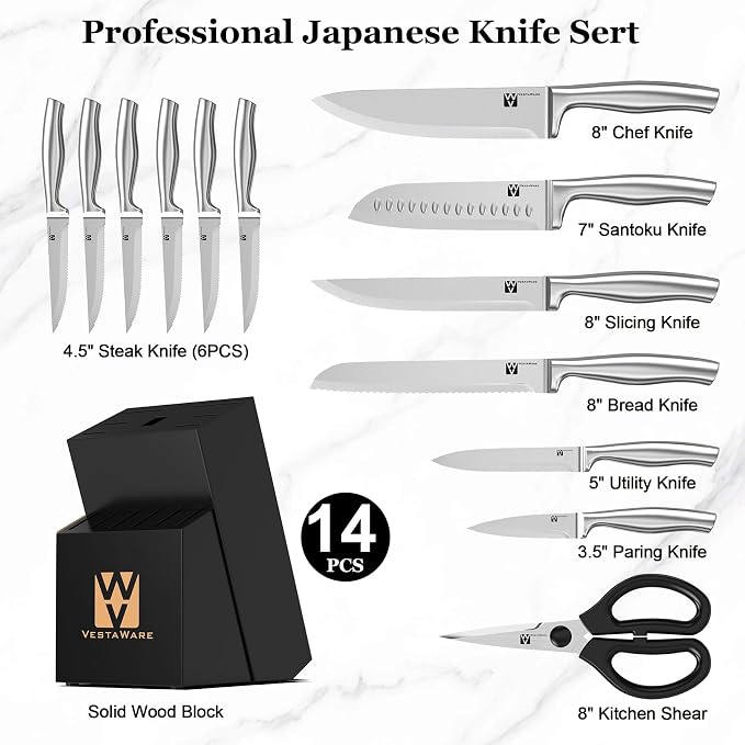 Knife Block Set, Razor-Sharp Kitchen Knife Set, Stainless Steel Knife Set with Block, 14 Pieces Knives Set for Kitchen, Black Chef Knife Sets, Dishwasher Safe, Gifts for Men