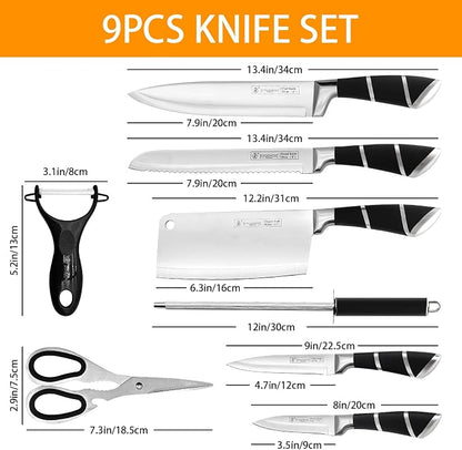 Kitchen Knife Set, Retrosohoo 9-Pieces Black Sharp Non-Stick Coated Chef Knives Block Set,Stainless Steel Knife Set for Kitchen with Sharpener for Cutting Slicing Dicing Chopping (Black)