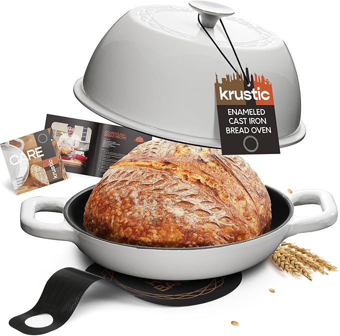 Krustic Enameled Cast Iron Dutch Oven for Sourdough Bread Baking | 6 Quart Round Pot with Lid | 10 Inch Ceramic Enamel Thick Coated Cookware Set with Non Stick Silicone Baking Mat for Cooking | 6 Qt | White