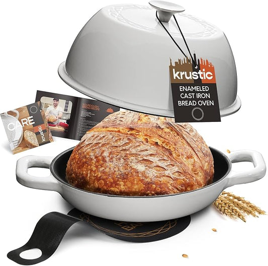 Krustic Enameled Cast Iron Dutch Oven for Sourdough Bread Baking | 6 Quart Round Pot with Lid | 10 Inch Ceramic Enamel Thick Coated Cookware Set with Non Stick Silicone Baking Mat for Cooking | 6 Qt | White