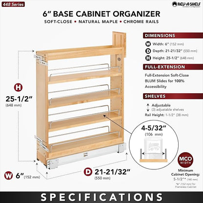 Rev-A-Shelf Maple Pullout Organizer w/Blum Soft-Close for Base Cabinets, Full Extension Slides & Adjustable Shelves, Min Opening Width of 5.5", 448-BCSC-5C