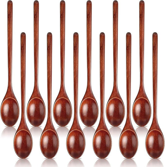 12 Pcs Wooden Spoons, 9 Inch Wood Soup Spoons for Cooking Mixing Eating,Oval Long Handle Spoon for Tea Jam Coffee Sugar Ice Cream and Bath Salts