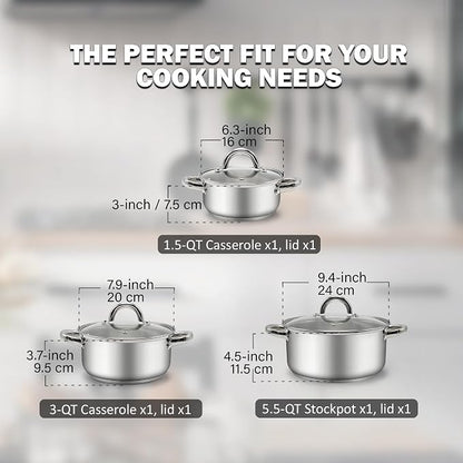 Cook N Home Basics Stainless Steel Pots Set, 1.5 & 3 Qt Sauce Pots with Lid, 5.5 Qt Dutch Oven Stockpot, Induction Compatible, Dishwasher & Oven Safe, Riveted Handles, 6-Piece