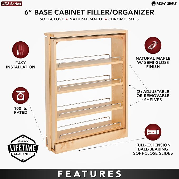 Rev-A-Shelf 6" Pull Out Shelf Organizer for Base Kitchen Cabinets, Filler Spice Rack Seasoning Storage Holder w/Soft-Close, Wood, 432-BFBBSC-6C