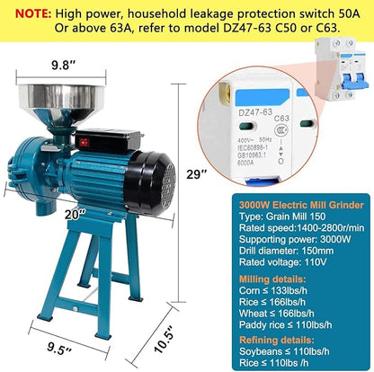 Slsy Heavy Duty Electric Wet & Dry Grain Mill Grinder, 3000W High Power Milling Machine, 110V Commercial Grain Grinder for Corn, Wheat, Rice, Soybeans, Feed