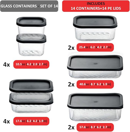 EATEX Grooved Base Glass Meal Prep Containers, 14 Pack Glass Food Storage Containers with Lids for Meal Prep & Lunch, Microwave Oven Freezer Dishwasher Safe, Anti Moisture Non-Stick Design - Black