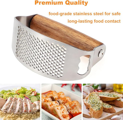 Garlic Press Rocker Stainless Steel Ginger Crusher, Garlic Mincer and Squeezer Kitchen Gadget with Ergonomic handle, Silicone Tube Garlic Peeler, Scraper and Cleaning Brush Tool Set