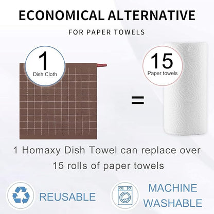 Homaxy 100% Cotton Terry Kitchen Towels(Brown, 13 x 28 inches), Checkered Designed, Soft and Super Absorbent Dish Towels, 4 Pack