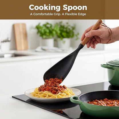 Silicone Cooking Spoon for Nonstick Cookware – 2-Pack Wooden Handle Spatula, Multi-Function Kitchen Tool for Stirring, Scooping, Scraping & Serving, Heat-Resistant(Black, 12.8 Inch)