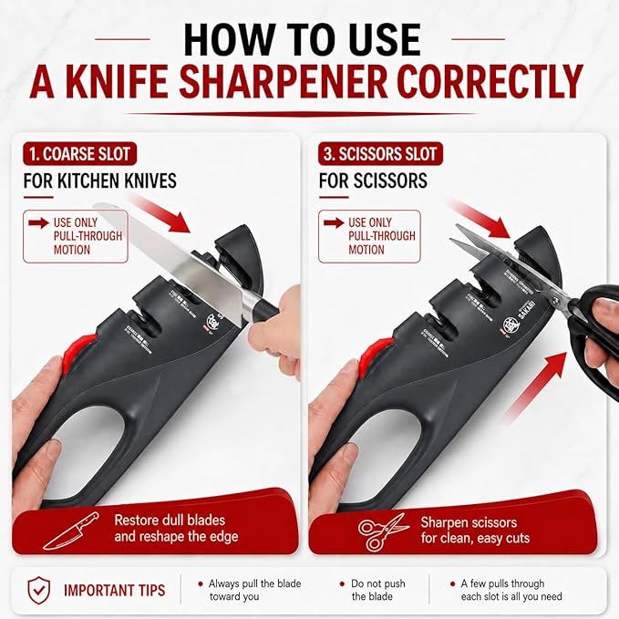 MITSUMOTO SAKARI 3-Stage Adjustable Kitchen Knife Sharpener, Scissors Slot | 12°-22° angle guide, coarse and fine slots, scissors slot, ceramic and carbide abrasives for knives and shears